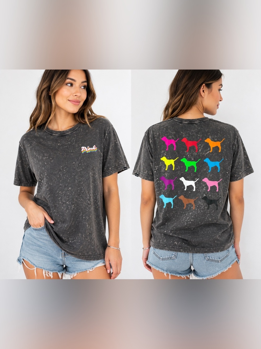 PINK Victoria’s Secret Rainbow Dog Graphic Acid Wash T-Shirt Gray Short Sleeve T